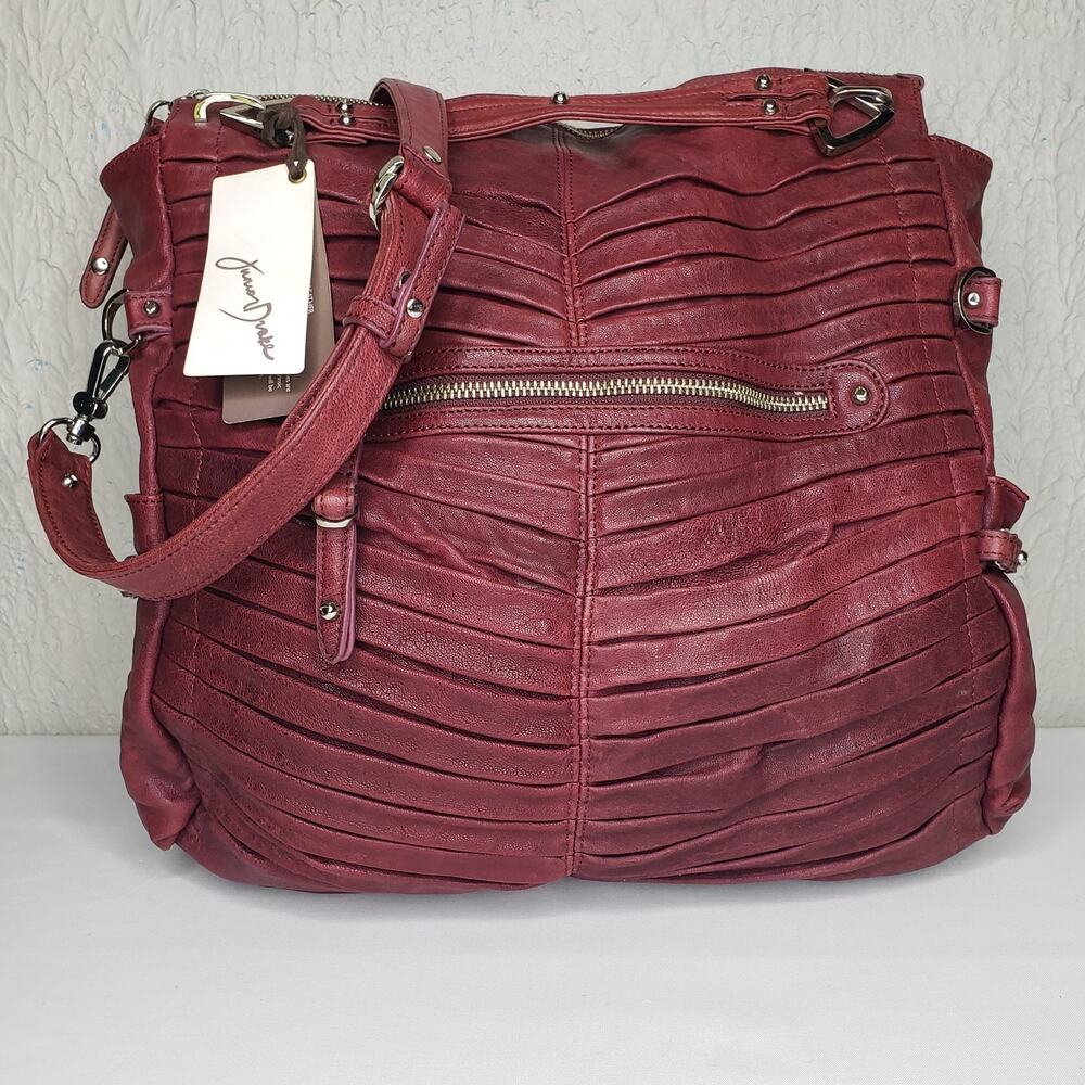 Junior Drake Gail Pleated Cranberry Bordeaux Leather Convertible Handbag Zippers - Picture 15 of 16